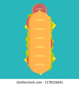 Hot dog with big sausage and fresh tomato isolated on background. Top view. Stock flat vector illustration.
