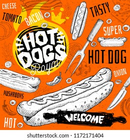 Hot dog bistro restaurant menu. Vector hot dog fast food flyer paper cards for bar cafe. Design template, logo, emblem, sign, crown, welcome vintage hand drawn vector illustrations.