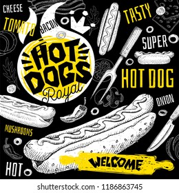 Hot Dog Bistro Restaurant Menu. Vector Hot Dog Fast Food Flyer Paper Cards For Bar Cafe. Design Template, Logo, Emblem, Sign, Crown, Welcome Vintage Hand Drawn Vector Illustrations.