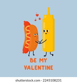 Сute Hot Dog and bottle of mustard falling in love. Love and Valentine's Day concept. Illustration isolated on blue background.