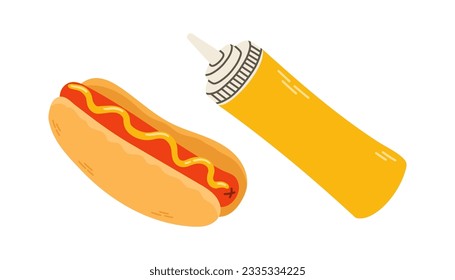 Perro caliente y botella de mostaza. Vector aislado de ilustración plana de comida rápida para afiches, menús, folleto, comida rápida web.