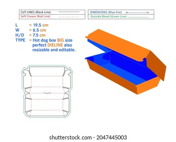 Hot dog box big size perfect dieline 19.5 x 6.5 x 7.5 mm Size or burger box Die-cut template Self Asembly Eco-friendly, No Glue Needed box, Fast Food Burger Box