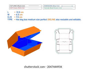 Hot dog box medium size perfect dieline 12 x 6.5 x 7.5 cm box Die-cut template Self Asembly Eco-friendly, No Glue Needed box, Fast Food Burger Box