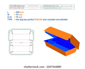 Hot dog box perfect dieline 208 x 70 x 75 mm Size or burger box Die-cut template Self Asembly Eco-friendly, No Glue Needed box, Fast Food Burger Box