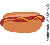 hot dog bread, ketchup and mustard sauce, sausage and bread, food vector illustration 