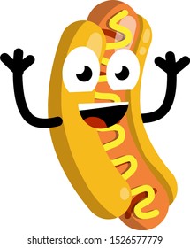 Hot dog. Bread, sausage, ketchup. Icon Harmful diet. Delicious Bun. Cartoon flat illustration. Mascot of Fast junk food. Funny face. Smile and eye.
