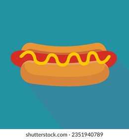 Hot dog with bread, sausage and sauce on a blue background with shadow in a flat design style