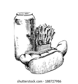Hot dog, bun and french fries. Hand drawn illustration