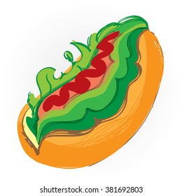 Hot dog, bun with sausage colorful hand drawing.