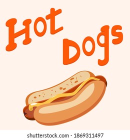 Hot dog bun with sausage and mustard and lettering on top
