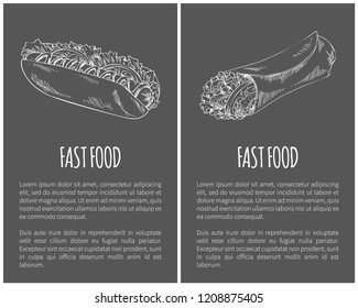 Hot dog bun and sausage posters set with text. Burrito Mexican national dish and snacks sandwich monochrome sketches outline take out meal vector