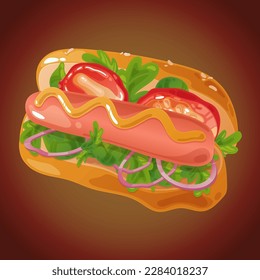 Hot Dog. Bun with sausage and vegetables. Traditional European dishes. Bright vector illustration with food for the menu of restaurants, eateries.