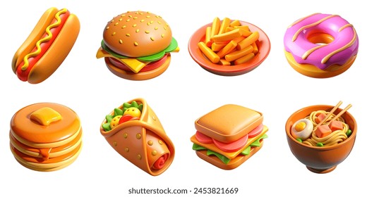 Hot dog, burger, donut, pancake, burrito and ramen 3d render