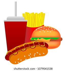 Hot dog, burger, french fries, paper bag, drink in a red glass with a straw, vector illustration, flat icon. Bun with sausage, ketchup and mustard, cabbage, sesame. Street food, take-away. Fast food.
