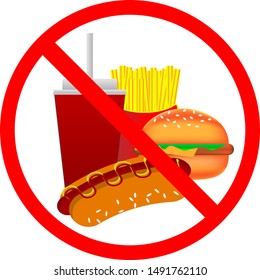 A hot dog, a burger, french fries, a cola on a red circle are depicted, a vector illustration for sites, shops, public places means that it is forbidden to go with food.