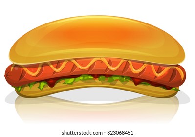 Hot Dog Burger Icon/
Illustration of an appetizing cartoon fast food hot dog burger icon, with frankfurter sausage, mustard sauce, salad leaves, ketchup and long bread buns, for takeout restaurant