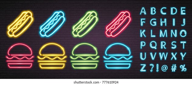 Hot Dog and Burger Neon Light Glowing Different Colour Set. Alphabet Neon Light Bright Advertising Editing Neon Light