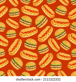 A hot dog and burger to satisfy your hunger, vector seamless pattern, colored background