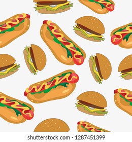 Hot dog with burger seamless pattern. Hot dog and burger cartoon. 