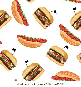 Hot dog and burger seamless pattern. Fastfood colorful vector background.