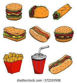 Hot dog, burger, taco, sandwich, burrito .Set of fast food icons isolated on white background. Design elements for logo, label, emblem, sign, brand mark. Vector illustration.