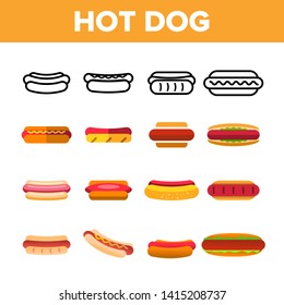 Hot Dog, Burger Vector Color Icons Set. Hotdog With Sausage, Bread And Sauce Linear Symbols Pack. Takeout, Takeaway Unhealthy Eating, Fastfood. Delicious Street, Junk Food Isolated Flat Illustrations