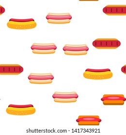 Hot Dog, Burger Vector Color Icons Seamless Pattern. Hotdog With Sausage, Bread And Sauce Linear Symbols Pack. Takeout, Takeaway Unhealthy Eating, Fastfood. Delicious Street, Junk Illustrations