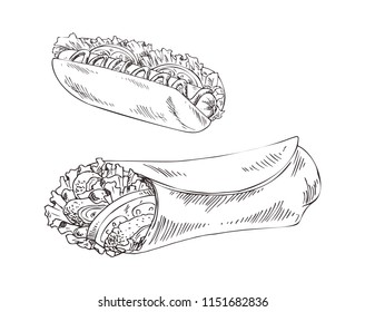 Hot dog and burrito fast food monochrome sketches outline set. Take away dishes with meat, sausage and vegetables salad leaves vector illustration