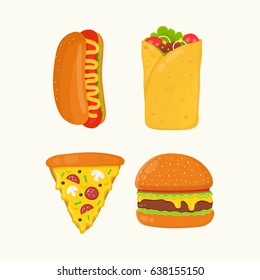 Hot dog, burrito, pizza, burger, cheeseburger. Flat vector cartoon isolated meal, delivery, cafe, fun illustration icon set. Isolated on white background. Fast food menu concept