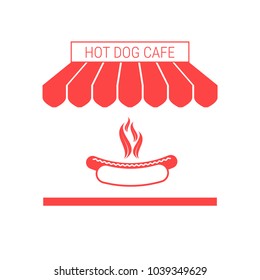 Hot Dog Cafe Single Flat Vector Icon. Striped Awning and Signboard. A Series of Shop Icons.