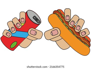 hot dog and a can of drink in hands, the picture is isolated on a white background in a cartoon style in vector graphics