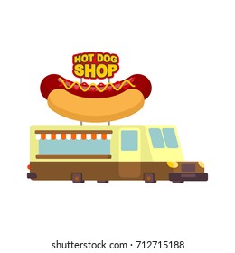 Hot dog car food truck. Fast food car. Vector illustration
