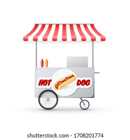 Hot Dog Cart with awning. Mobile street fast food market. Shop on wheels. Vector illustration