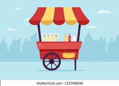 Hot Dog Cart in the City. Flat Design Style. 