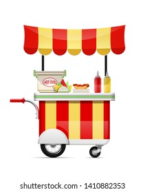 Hot dog cart. Fast food snack bar. Mobile shop. Vector illustration.