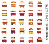 Hot dog cart icons set flat vector. Business food. Cafe carnival isolated