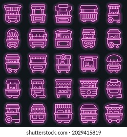 Hot dog cart icons set. Outline set of hot dog cart vector icons neon color on black