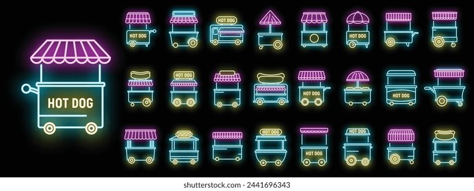 Hot dog cart icons set outline vector. Business food. Cafe carnival neon color on black