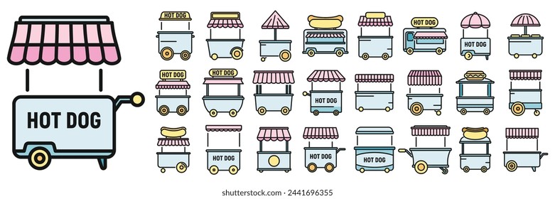 Hot dog cart icons set outline vector. Business food. Cafe carnival thin line color flat isolated