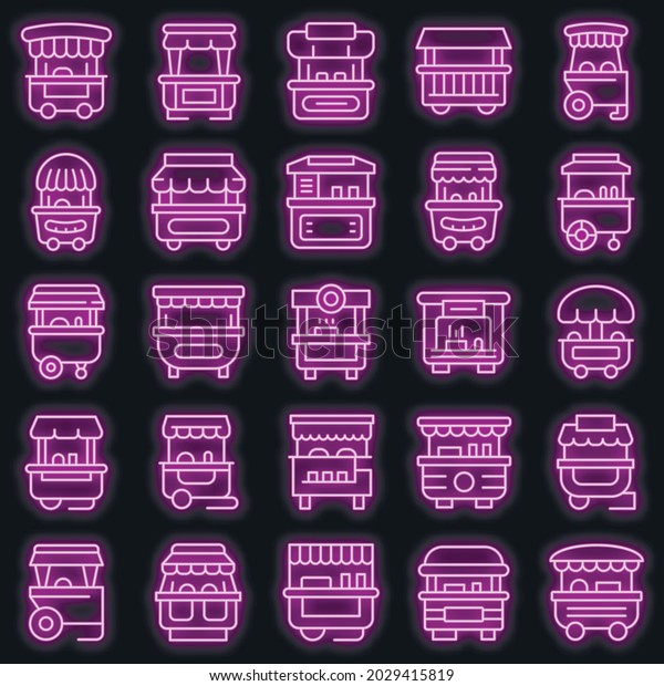 Hot dog cart icons set. Outline set of hot\
dog cart vector icons neon color on\
black