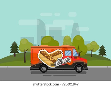 Hot dog cart, kiosk on wheels, retailers, fast snack breakfast, fast food and flat style, isolated against the background of the city vector illustrations. Symbol for your projects