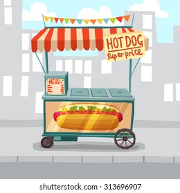 Hot dog cart shop on city street background vector illustration