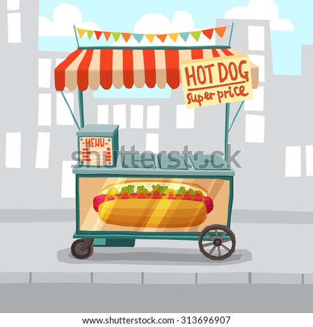 Hot dog cart shop on city street background vector illustration