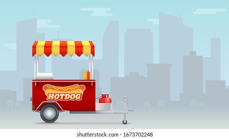 Hot dog cart, street fast food market on big city backdrop. Template with kiosk of seller fast food for posters, banners. Trolley for outdoor service with hot dog logo. Vector 3d illustration