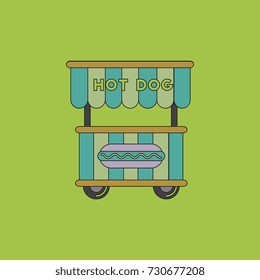 Hot dog cart street food market, hot dog cart stand vendor service. Kiosk seller fast food business. Hot dog fast food shop street cart city flat vector