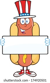 Hot Dog Cartoon Character With American Patriotic Hat Holding A Banner. Vector Illustration Isolated on white