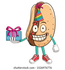 Hot dog cartoon character celebrate a birthday party with funny smile face