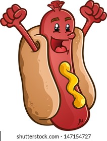 Hot Dog Cartoon Character Celebrating With Excitement
