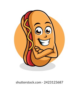 Hot Dog Cartoon Character Cross arm Happy Mascot Illustration, Vector Clipart