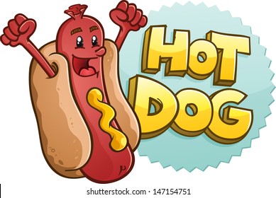 Hot Dog Cartoon Character With Emblem and Illustrated Lettering